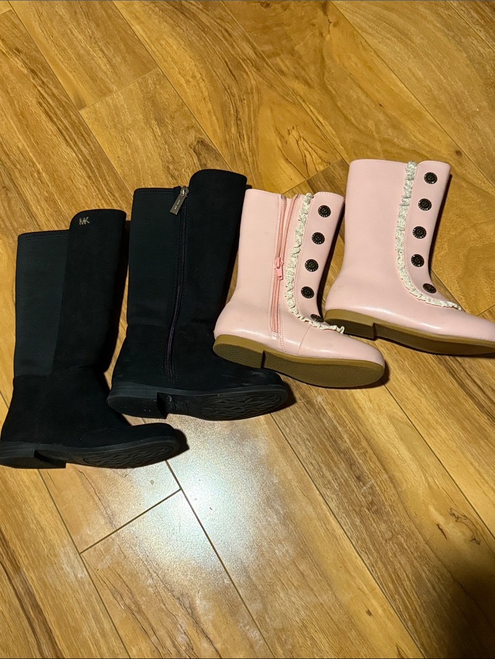 Kids Pink Button Detail Boots & Black Tall Boots Set